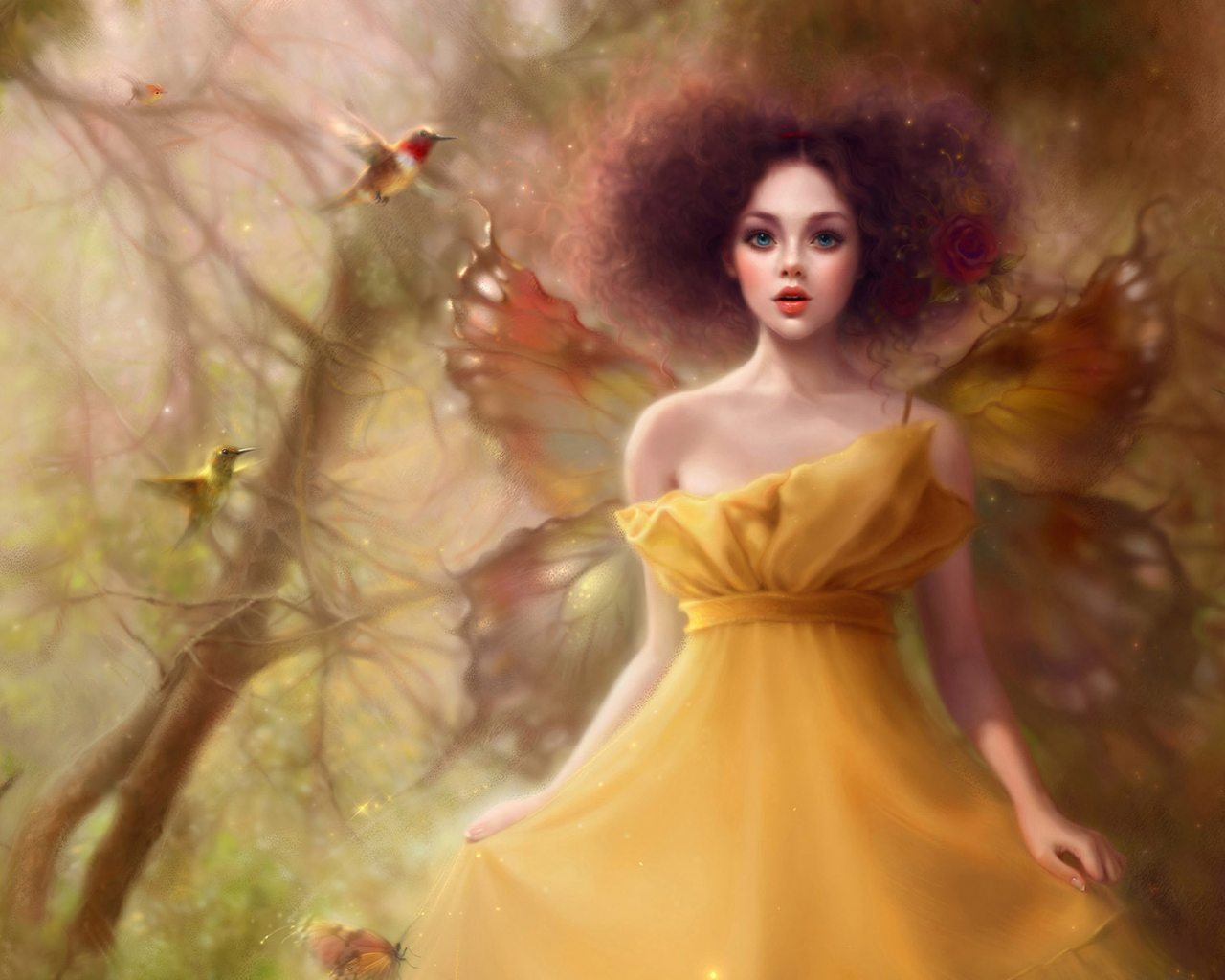 девушка, птицы, крылья, magic forest, fantasy