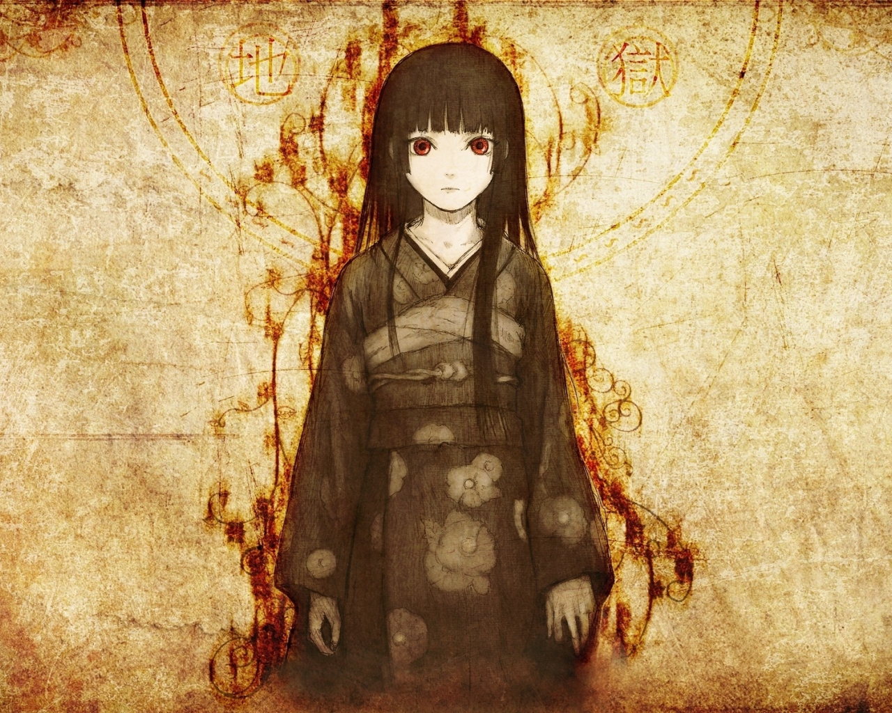 jigoku shoujo, девушка, art, арт, enma ai,, иероглифы, кимоно