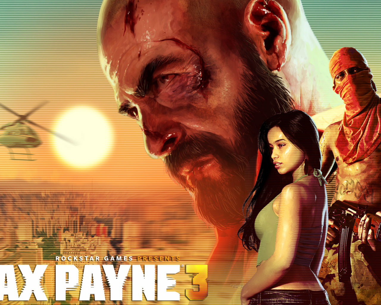 city, helicopter, sun, girl, ak-47, max payne 3