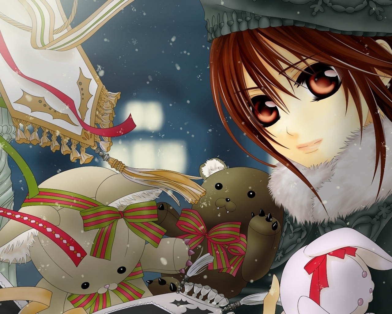 vampire knight, yuuki cross, игрушки, снег, рыцарь-вампир, медведи, зима, заяц