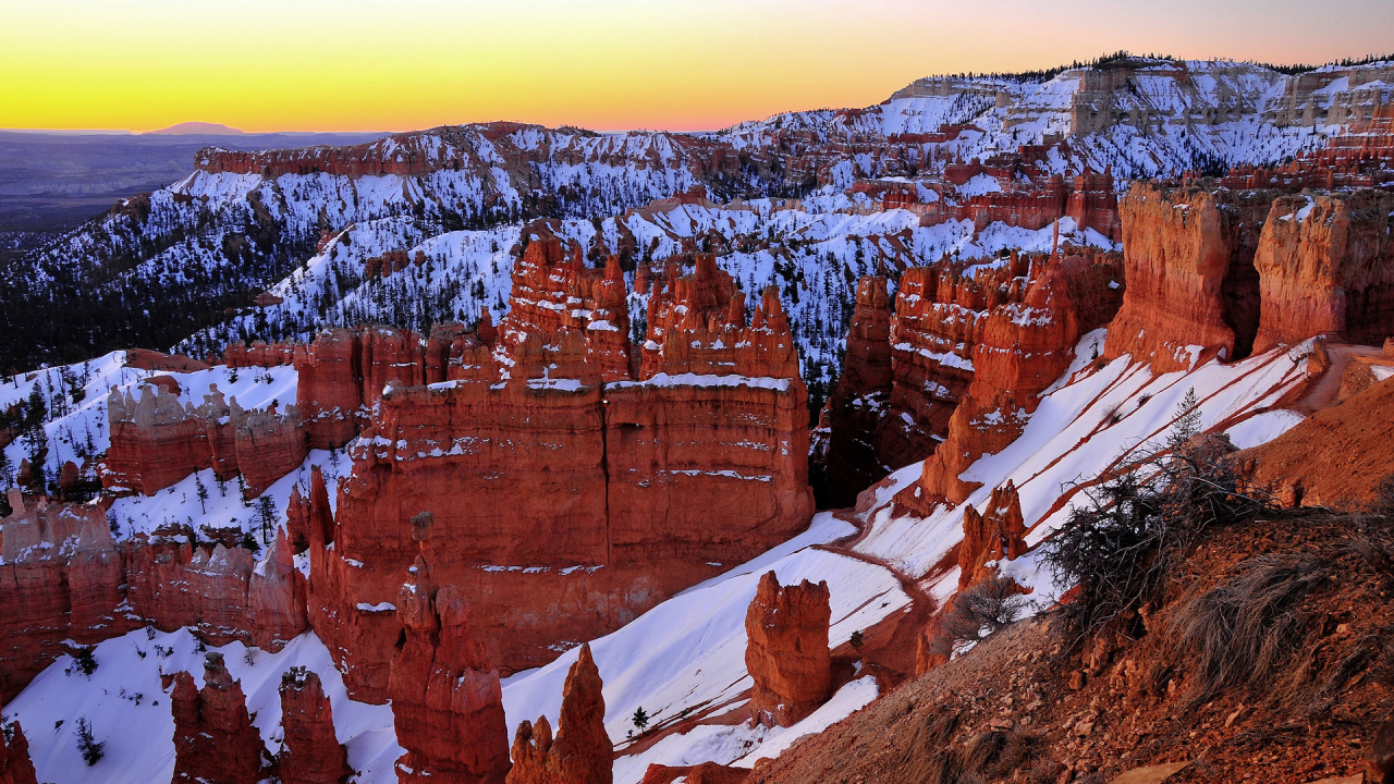 скалы, снег, bryce canyon, закат, utah, каньон