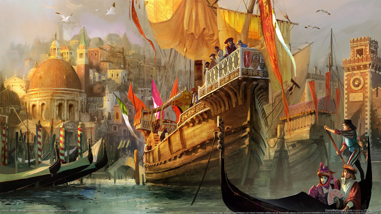 флаги, город, венеция, порт, гондолы, арт, купцы, anno 1404 venice, чайки, гавань