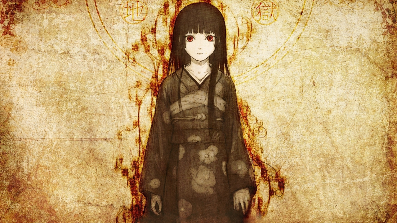 jigoku shoujo, девушка, art, арт, enma ai,, иероглифы, кимоно