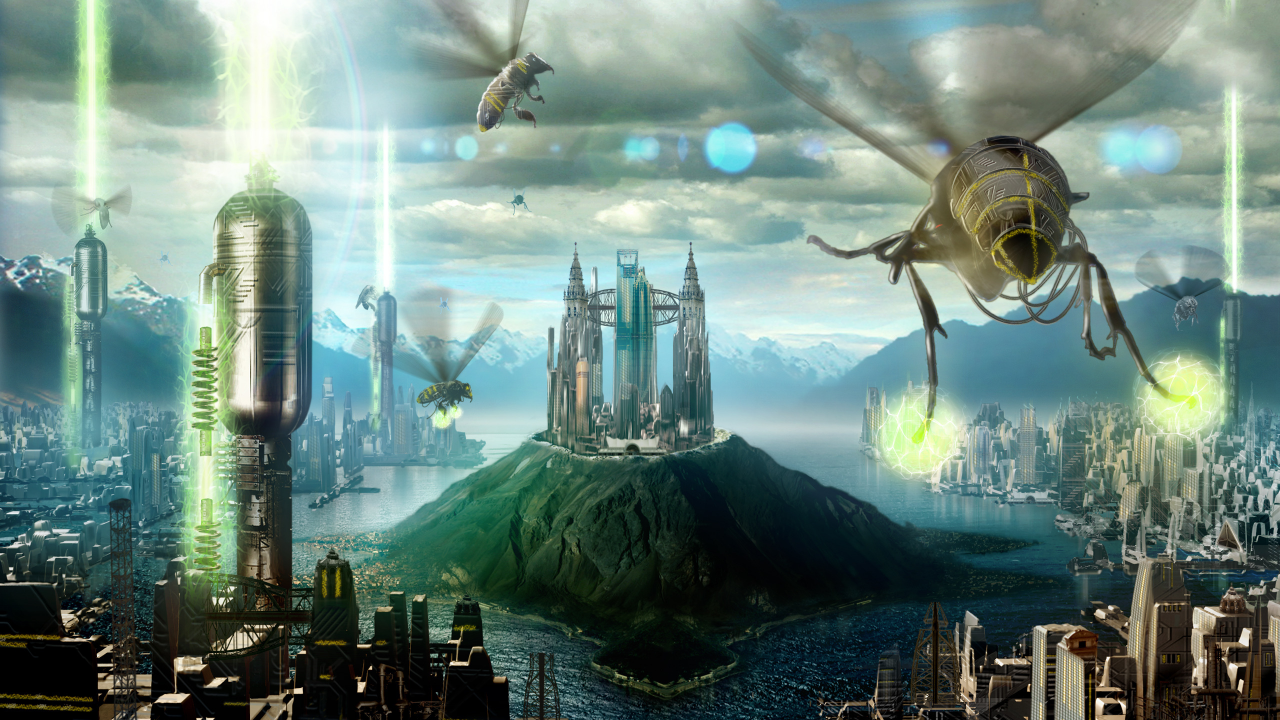 будущее, сооружения, остров, город, пчелы, облака, здания, осы, река