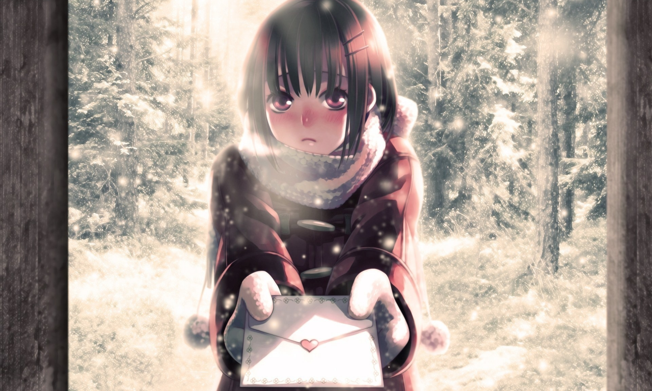 письмо, девочка, аниме, зима, сердечко, снег, minami seira