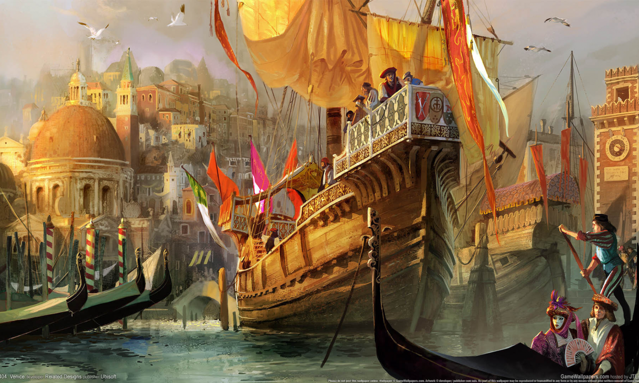флаги, город, венеция, порт, гондолы, арт, купцы, anno 1404 venice, чайки, гавань