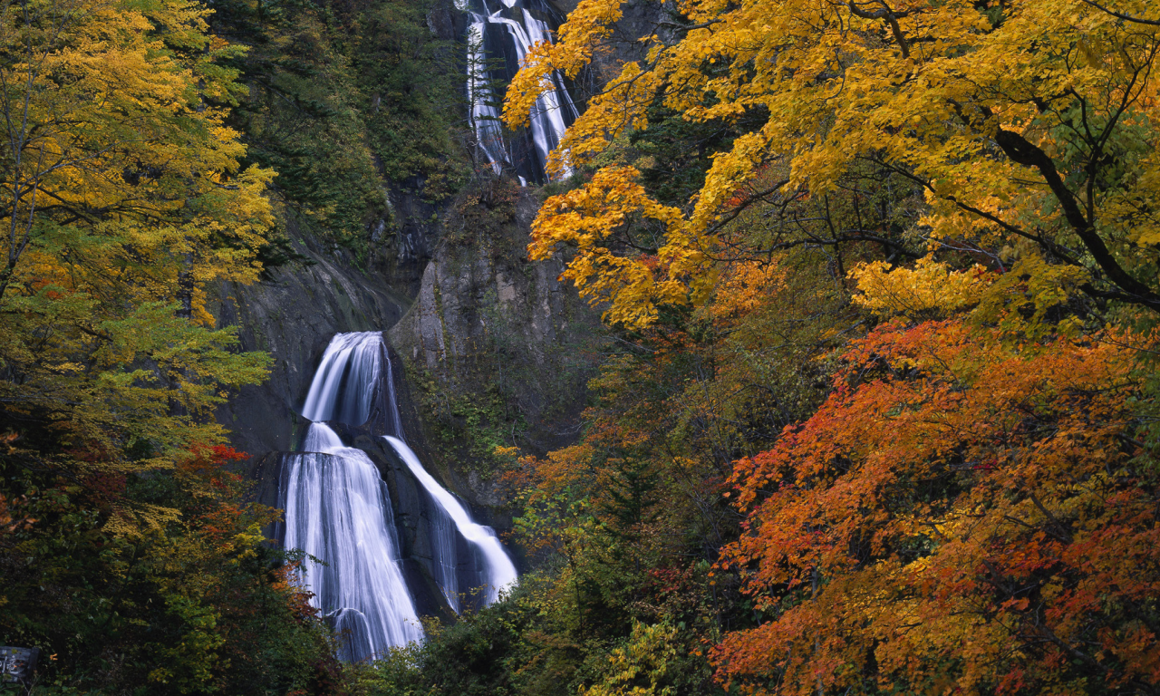 осень, водопад, скалы