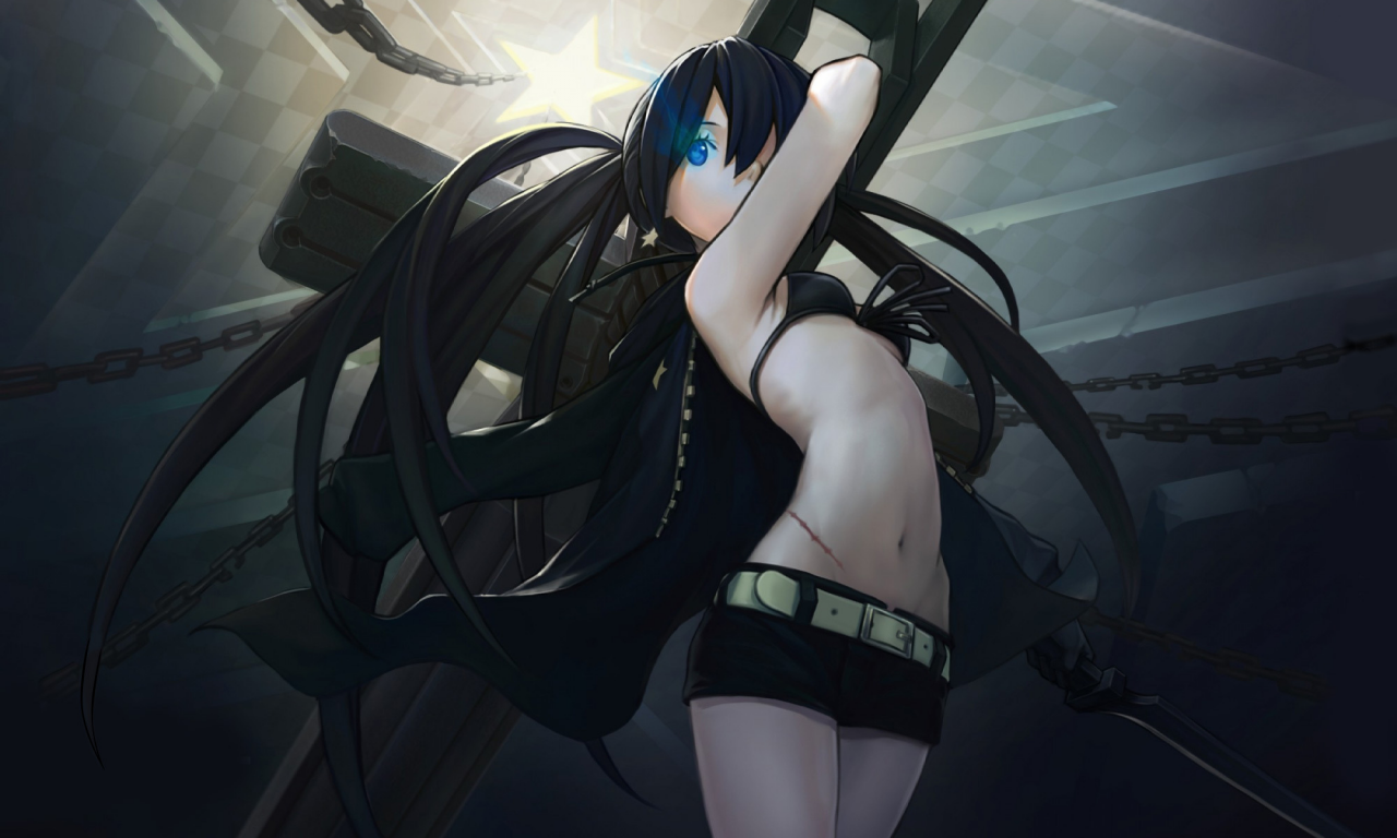 шрам, цепи, меч, плащ, black rock shooter, оружие