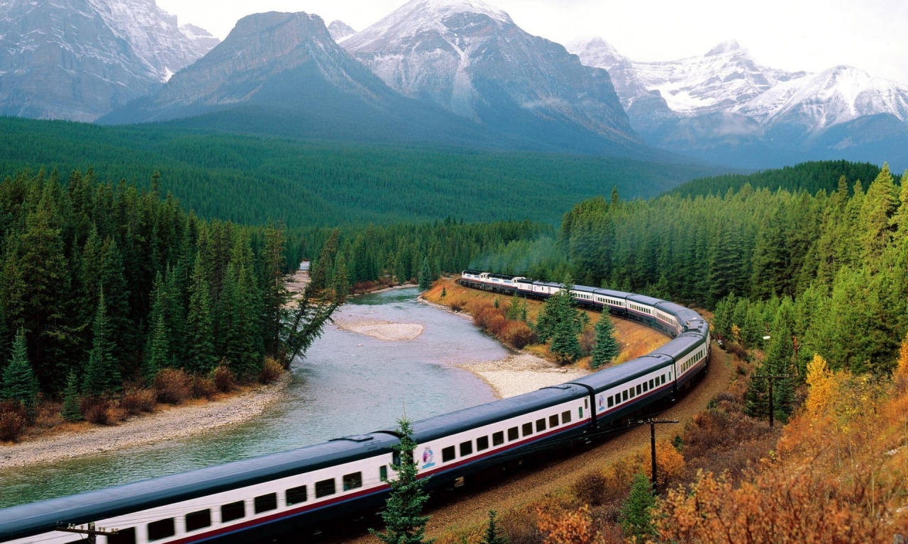 река, состав, лес, поезд, природа, горы, вагоны