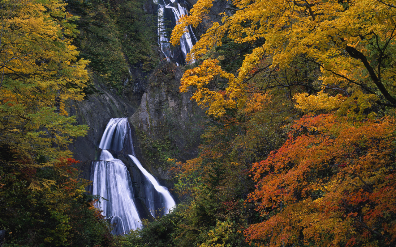 осень, водопад, скалы