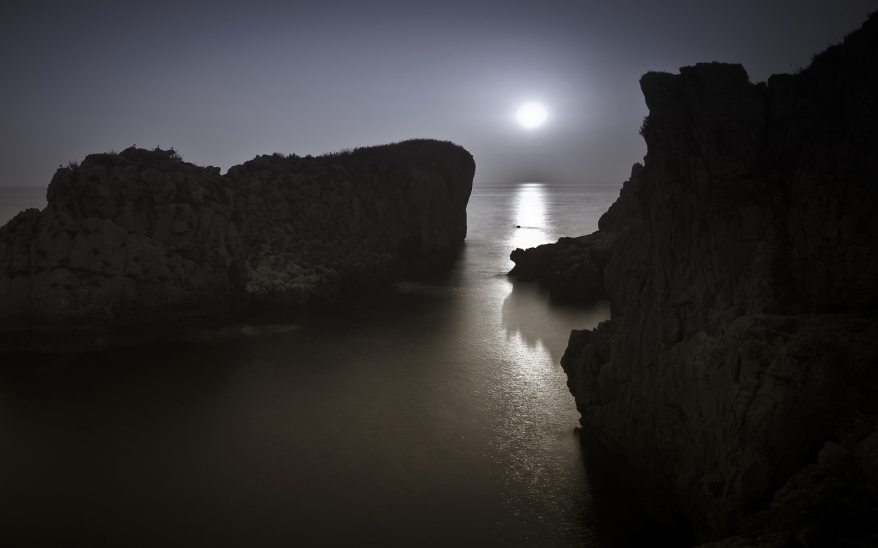 море, ночь, скалы, луна