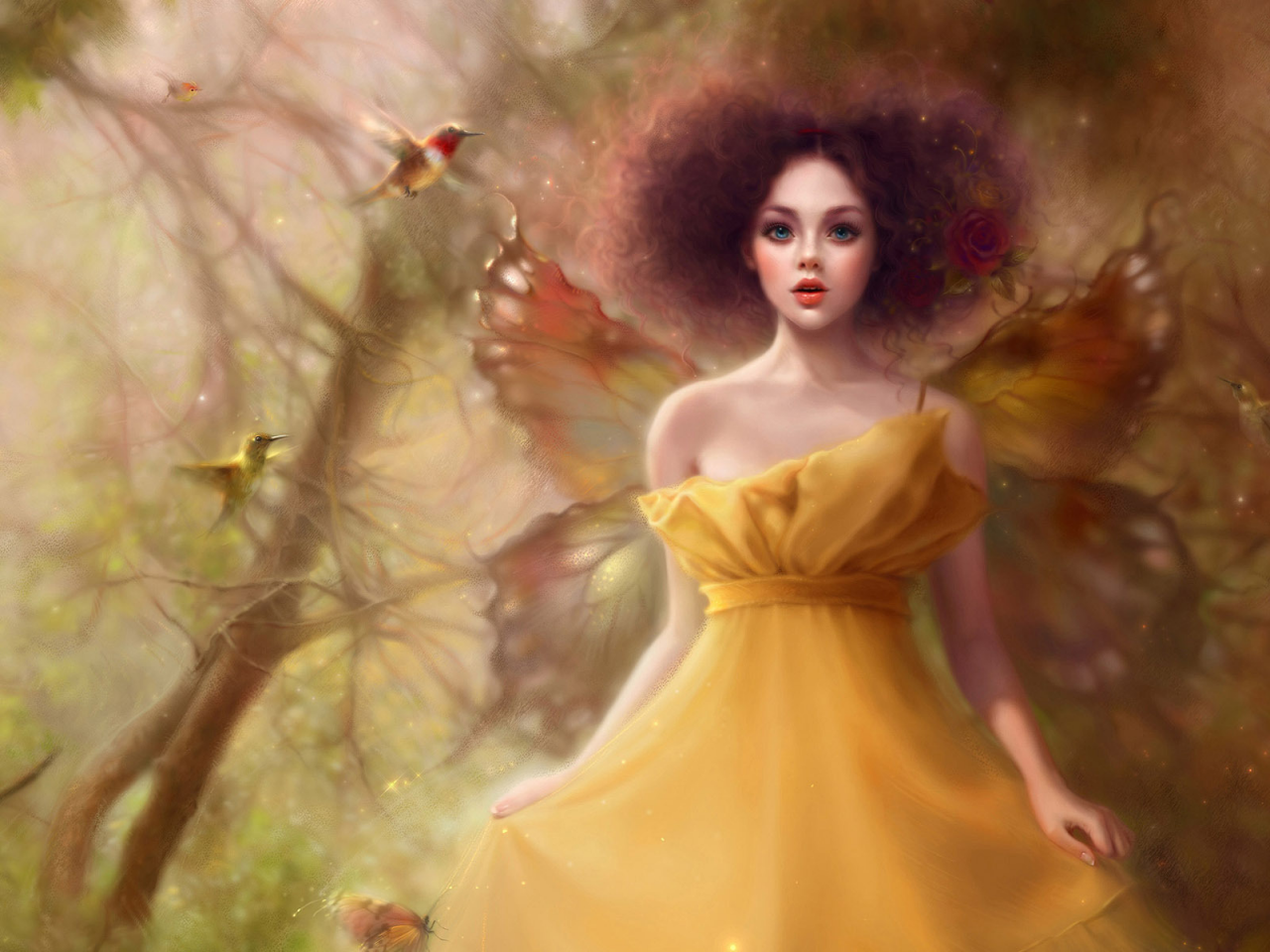девушка, птицы, крылья, magic forest, fantasy