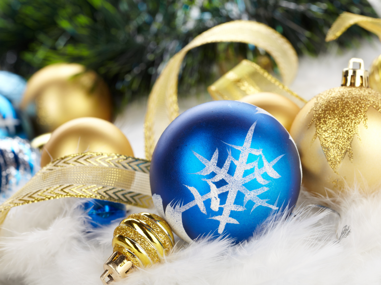 синий, золотой, новогодние, пух, снежинка, лента, лебяжий, шары, елка