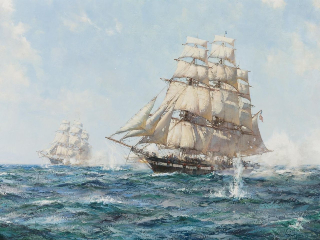 montague dawson, волны, рисунок, парусники, море