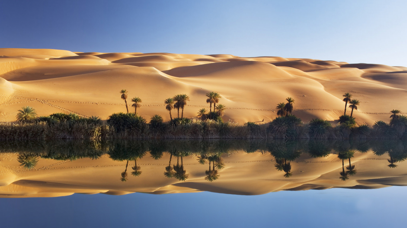 оазис, озеро, пальмы, ливия, сахара, пустыня, дюны, песок