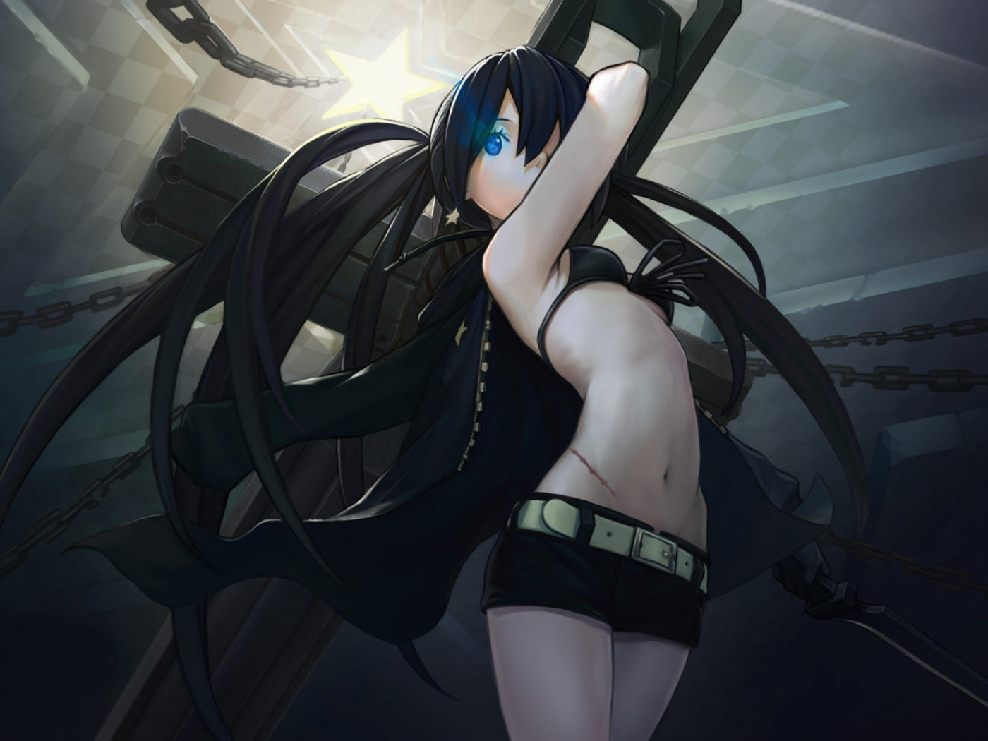 шрам, цепи, меч, плащ, black rock shooter, оружие