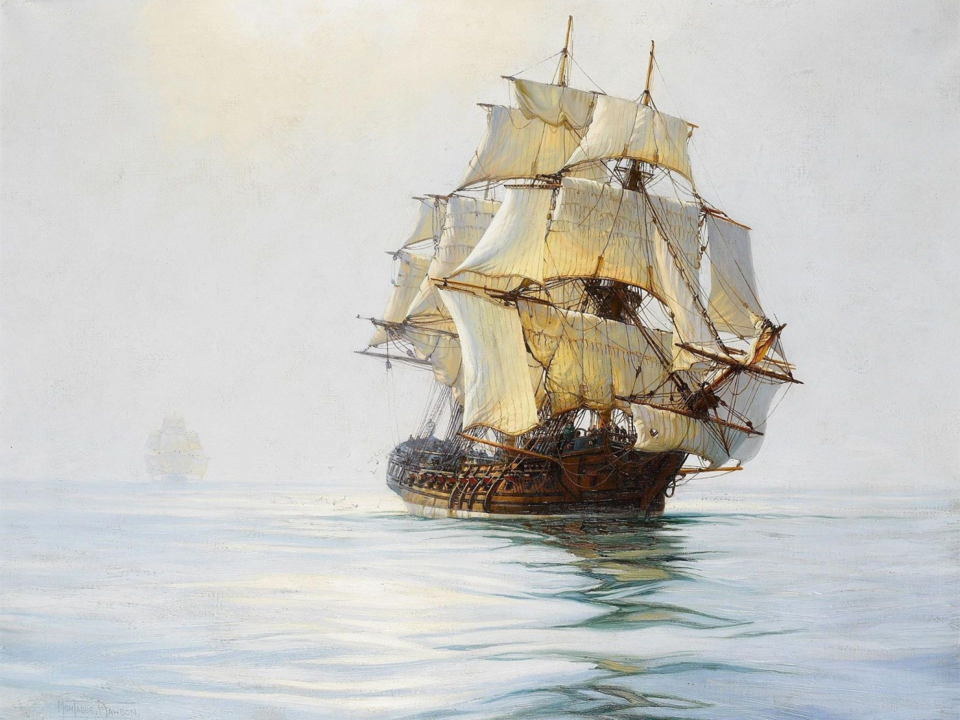 корабль, парусник, фрегат, штиль, montague dawson, море