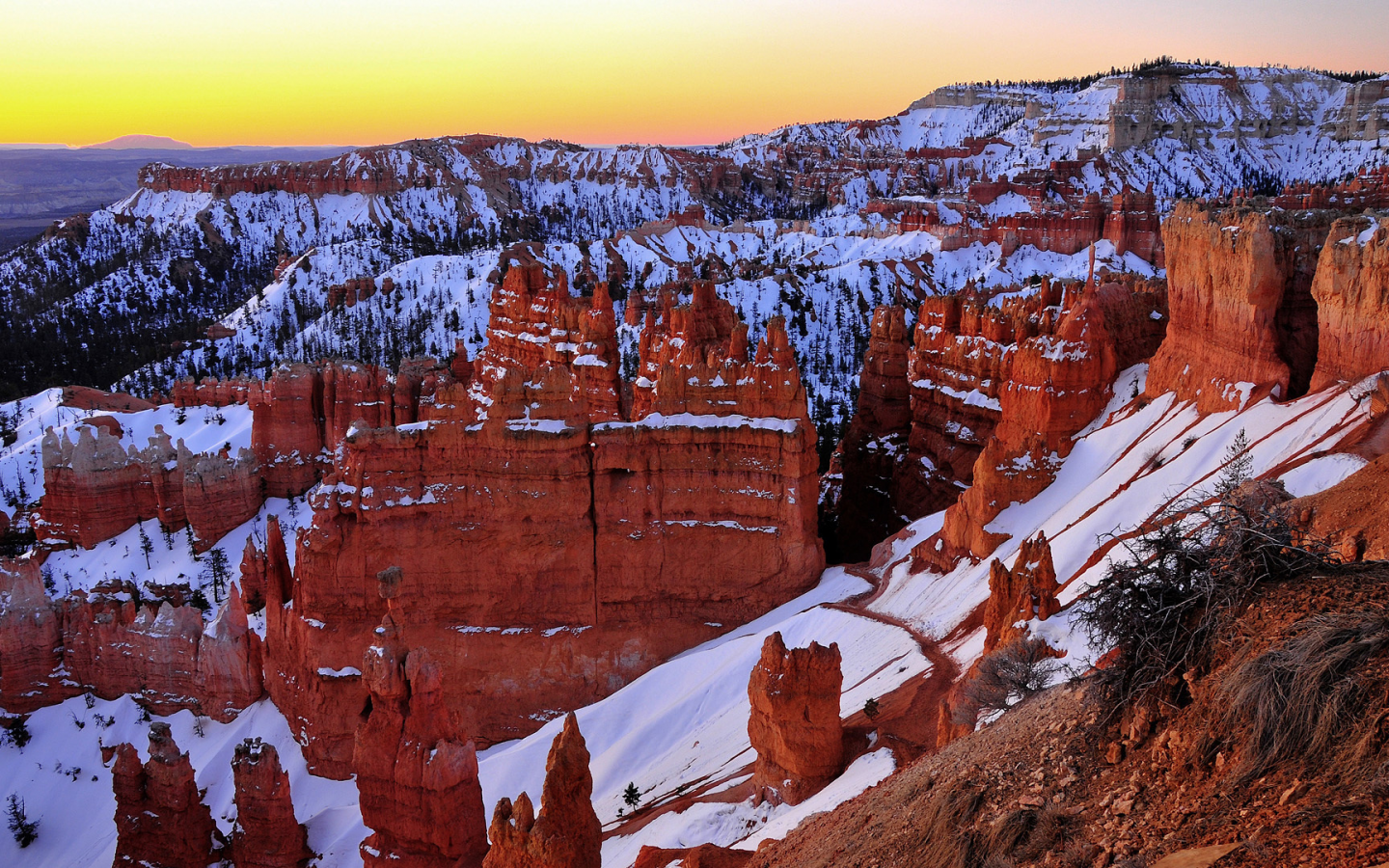 скалы, снег, bryce canyon, закат, utah, каньон