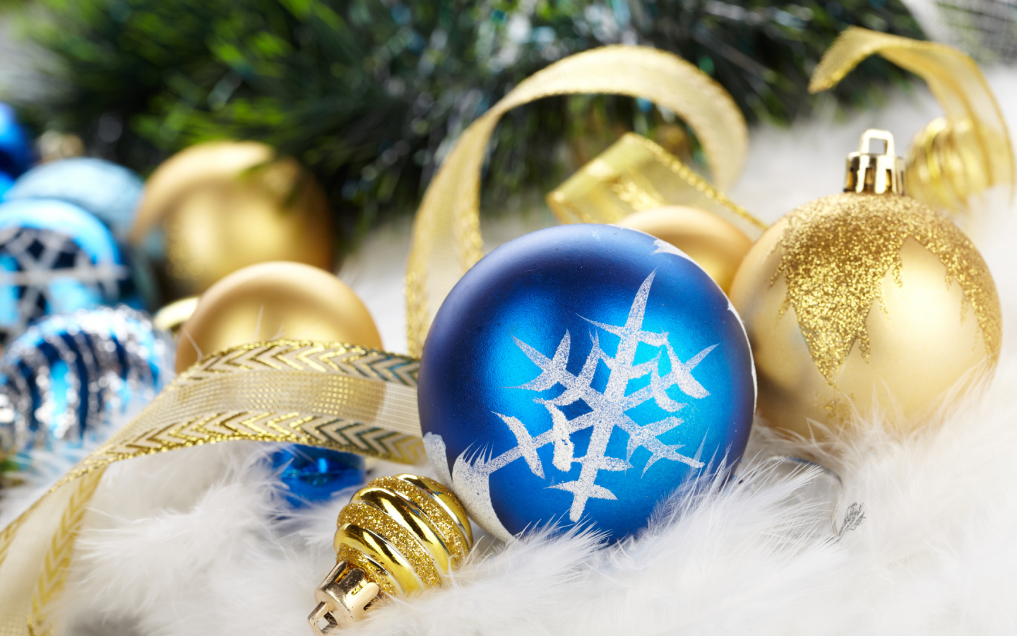 синий, золотой, новогодние, пух, снежинка, лента, лебяжий, шары, елка