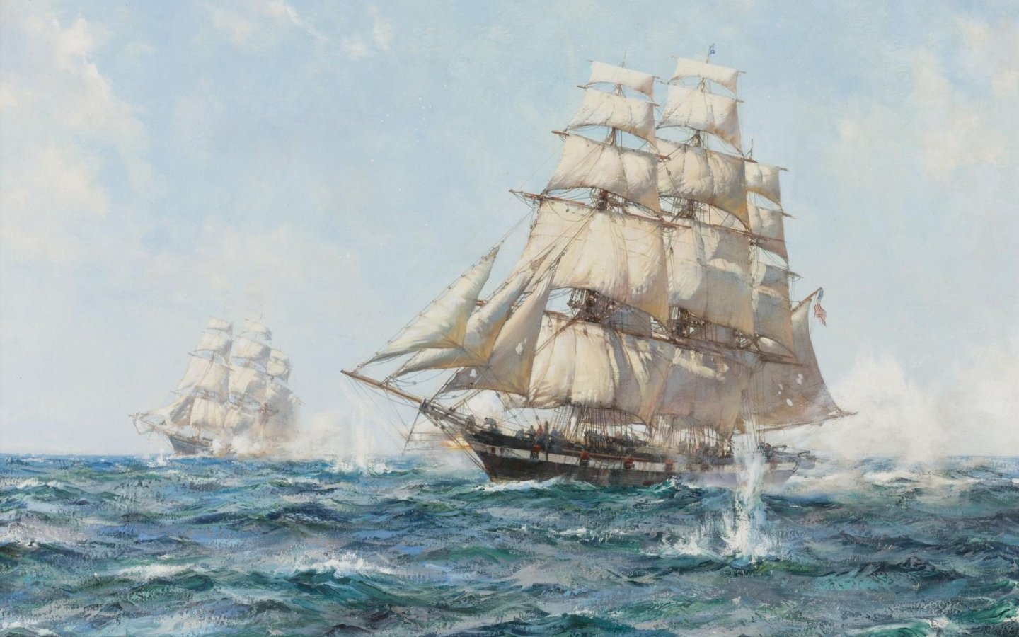 montague dawson, волны, рисунок, парусники, море