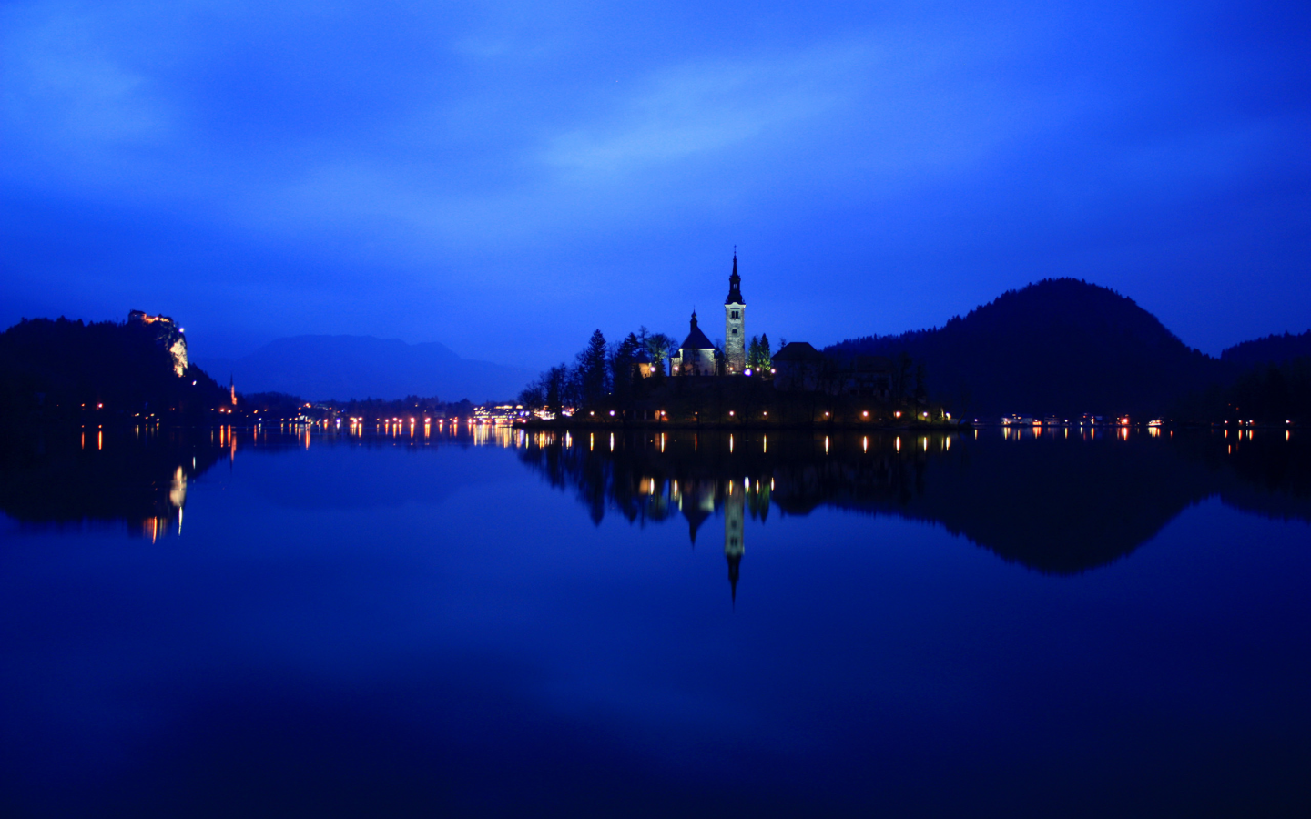 ночь, lake bled, озеро, reflection, slovenia, словения, огни