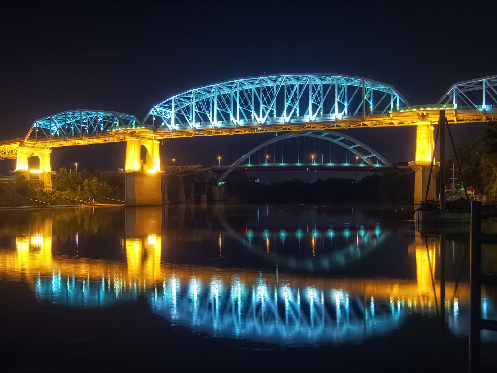 отражение, огни, вода, мост, река