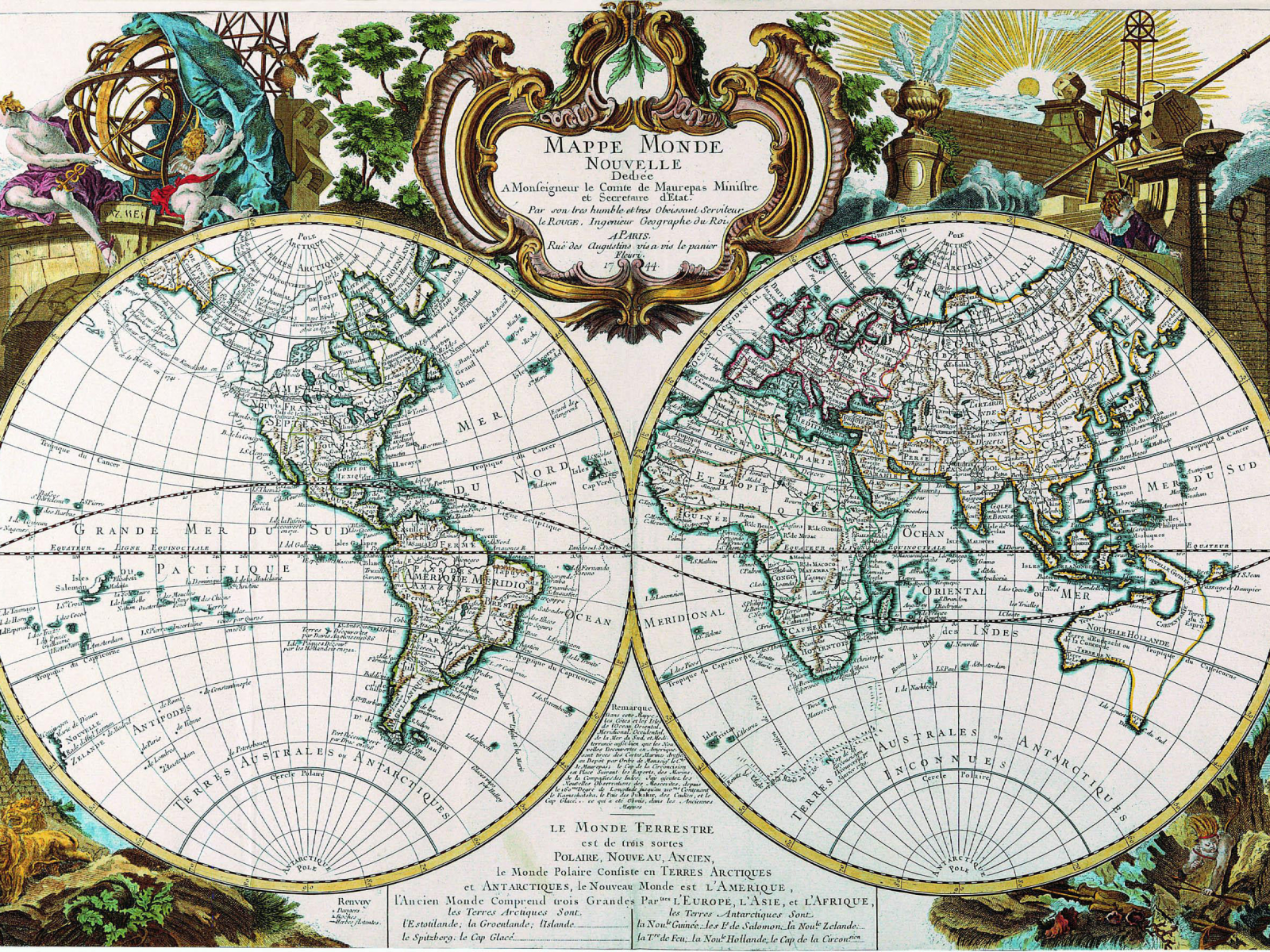 карта, древность, mappe monde, полушария, 1744