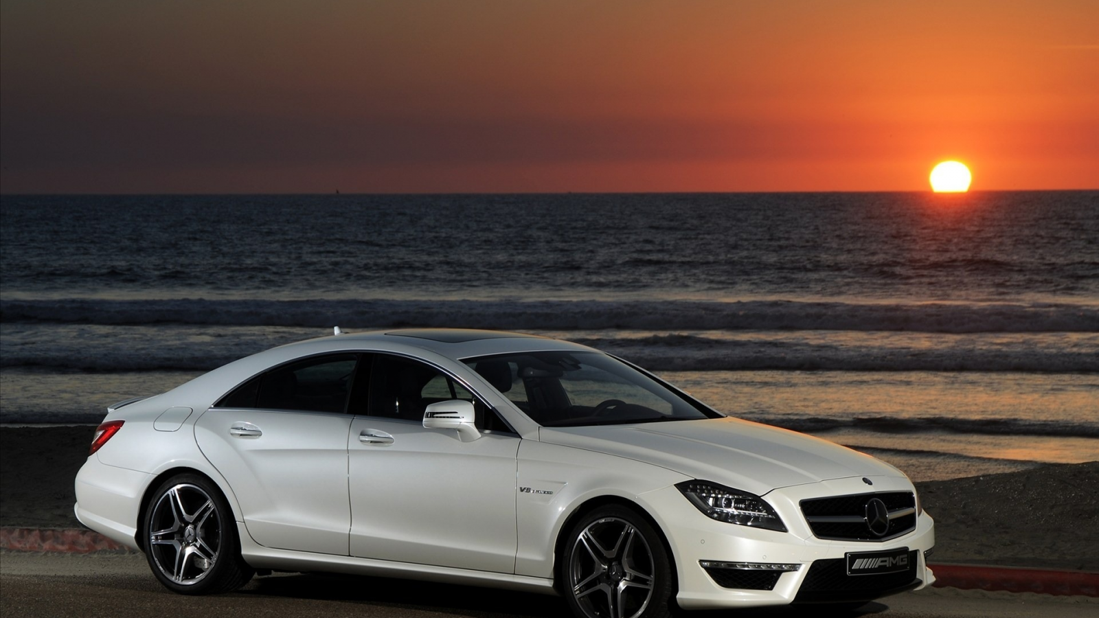 mercedes, море, cls 63 amg, белый, закат