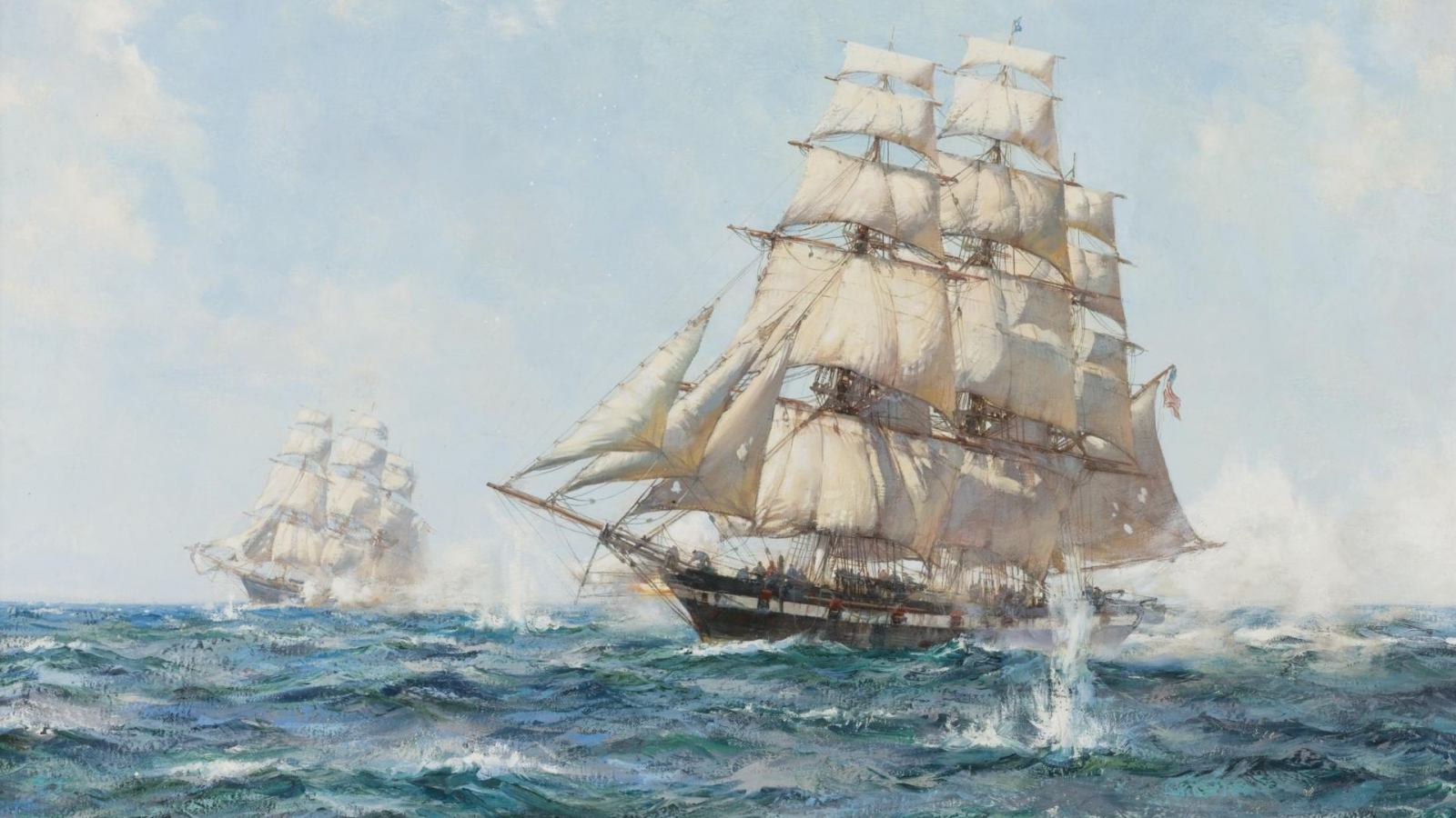 montague dawson, волны, рисунок, парусники, море