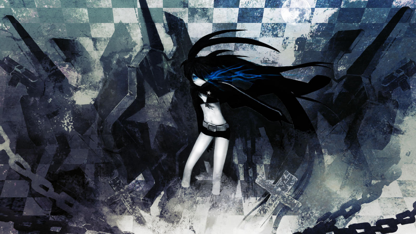 цепи, звёзды, обои, мато курои, mato kuroi, девушка, аниме, клетки, black rock shooter, кресты