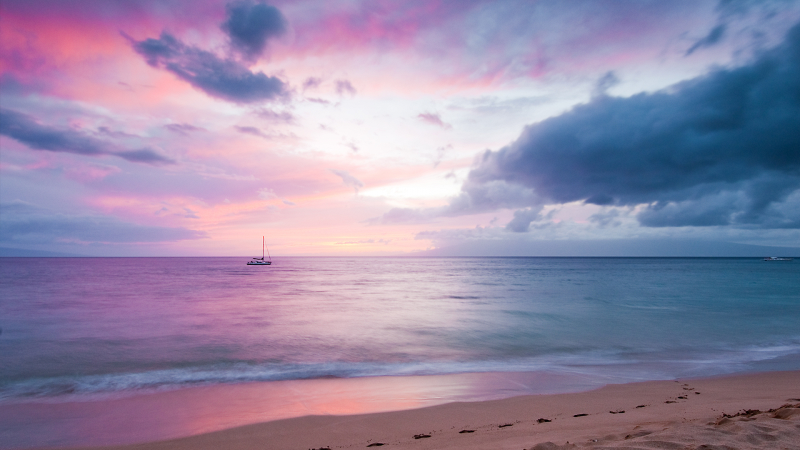 hawaii, maui, лодка, гавайи, следы, облака, мауи, берег, небо, закат, море