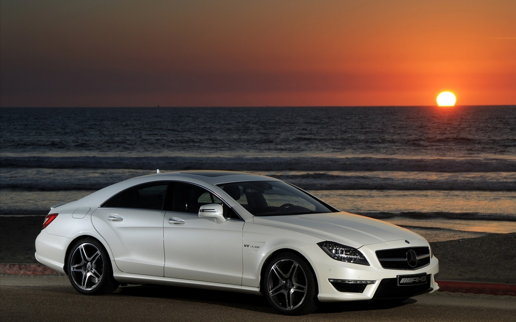 mercedes, море, cls 63 amg, белый, закат