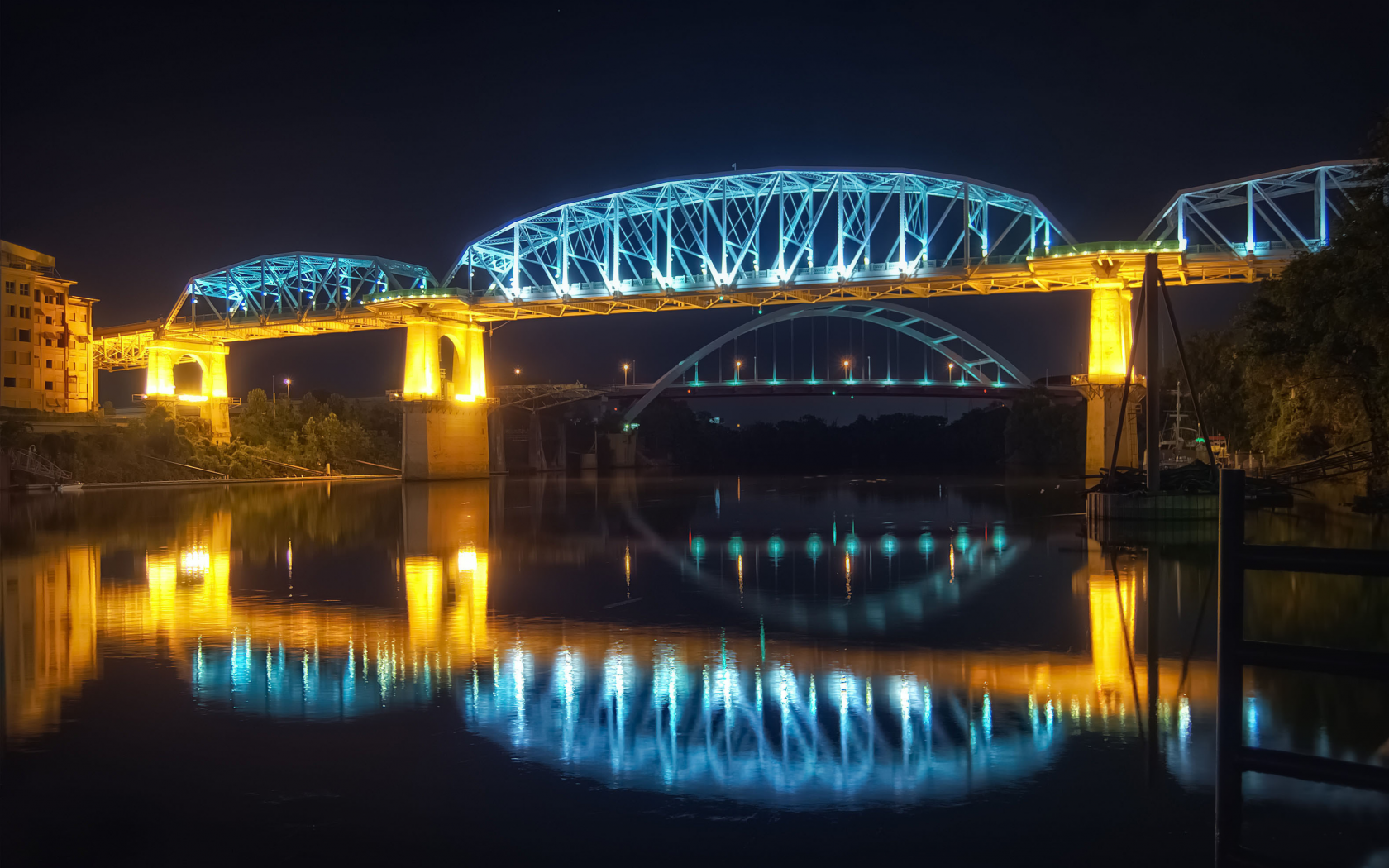 отражение, огни, вода, мост, река