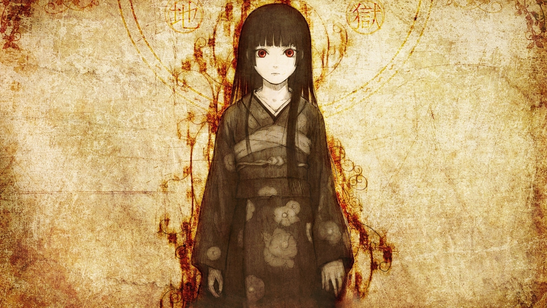 jigoku shoujo, девушка, art, арт, enma ai,, иероглифы, кимоно