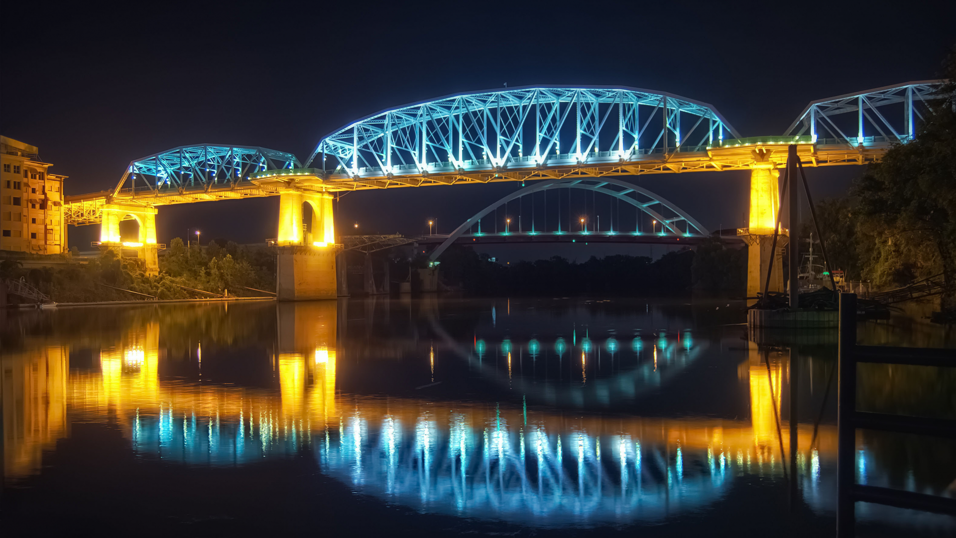 отражение, огни, вода, мост, река