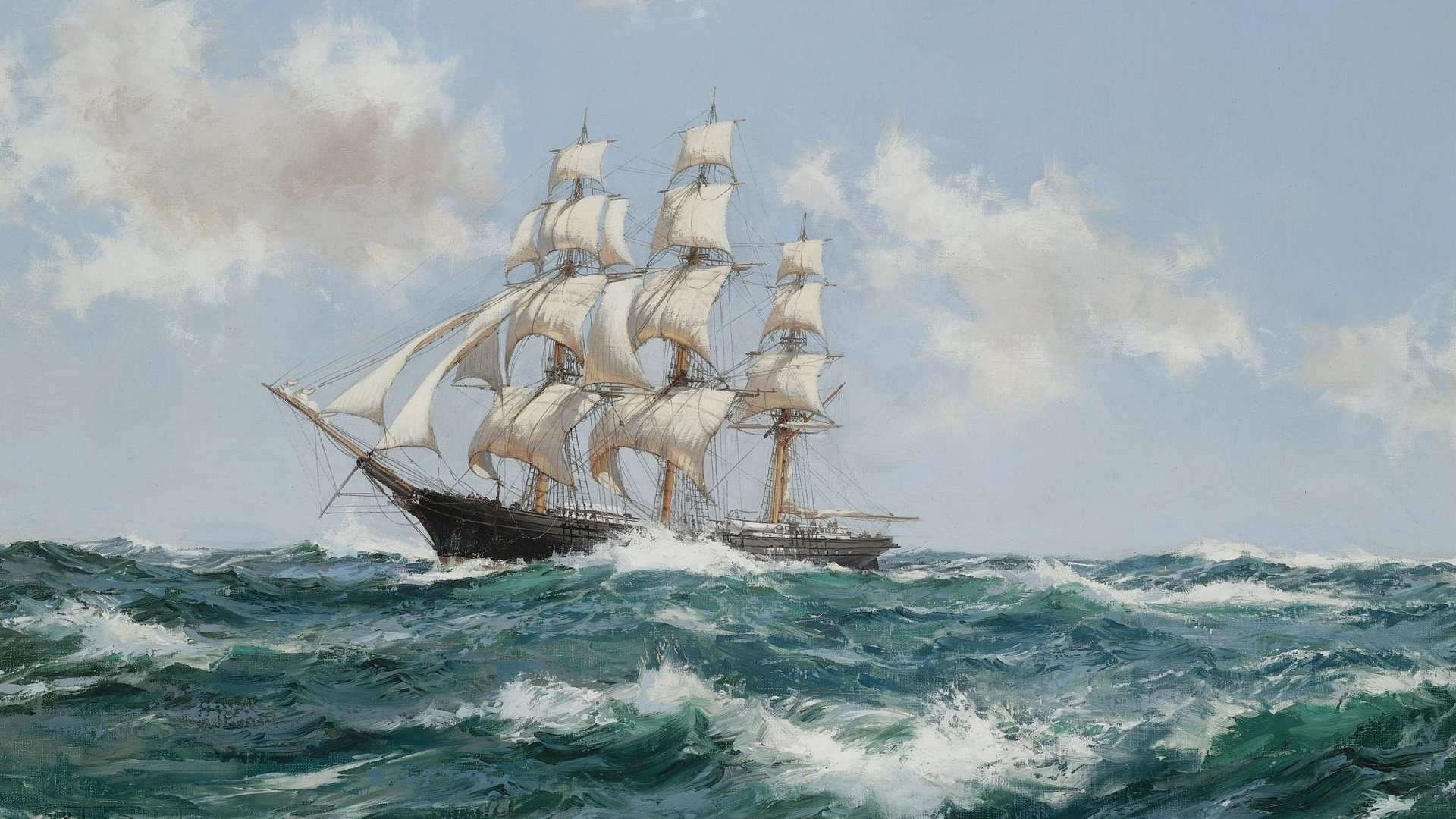 montague dawson, облака, парусник, корабль, море