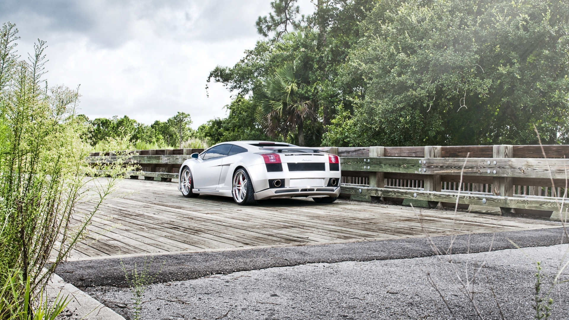 мост, тюнинг, небо, gallardo, галлардо, кусты, tuning, ламборгини, зелень, lamborghini, bridge, деревья, серебристый