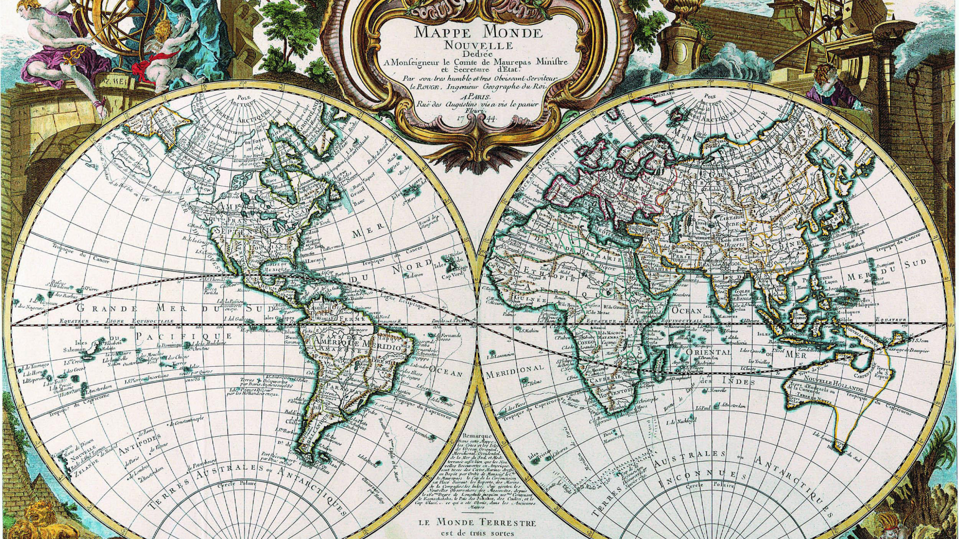 карта, древность, mappe monde, полушария, 1744