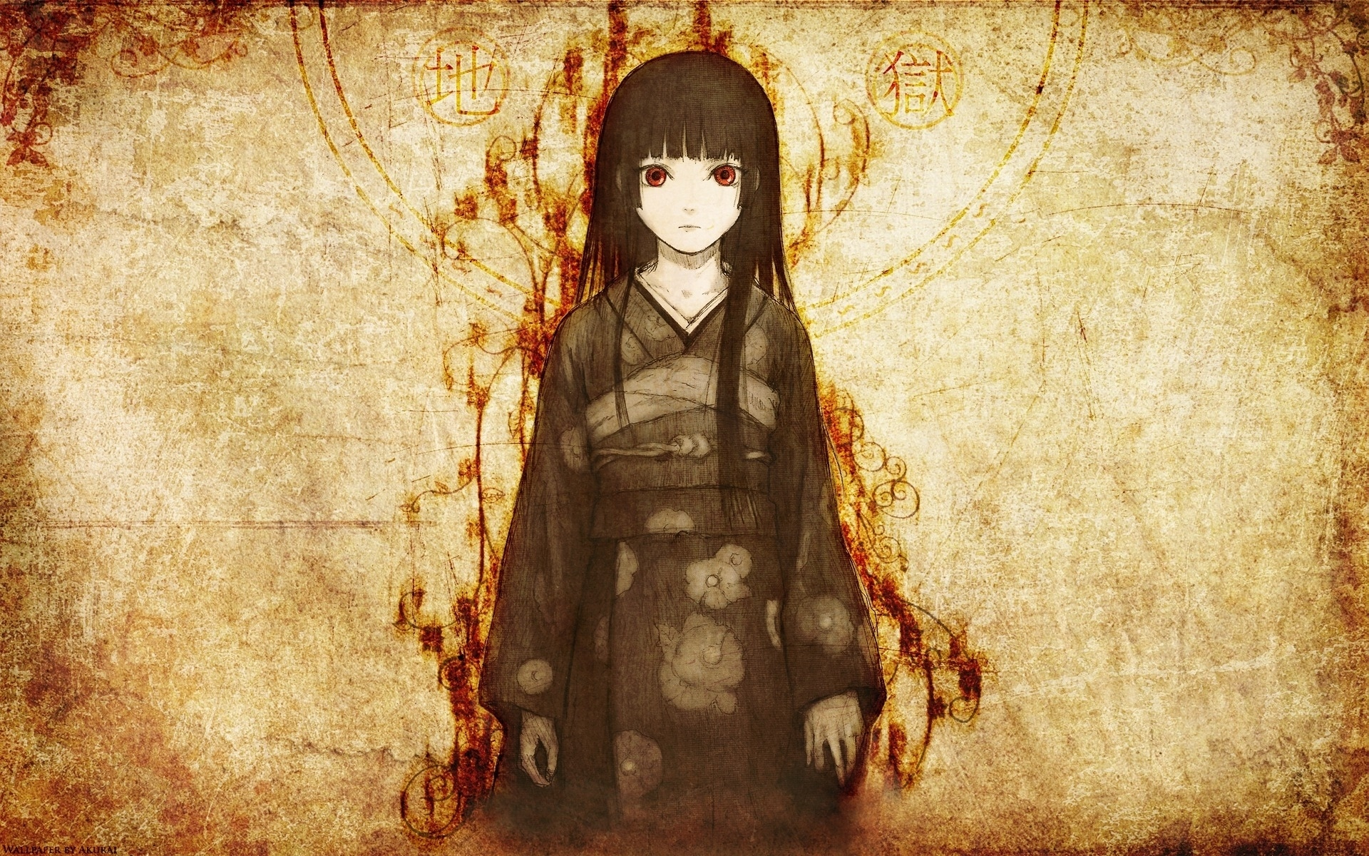 jigoku shoujo, девушка, art, арт, enma ai,, иероглифы, кимоно