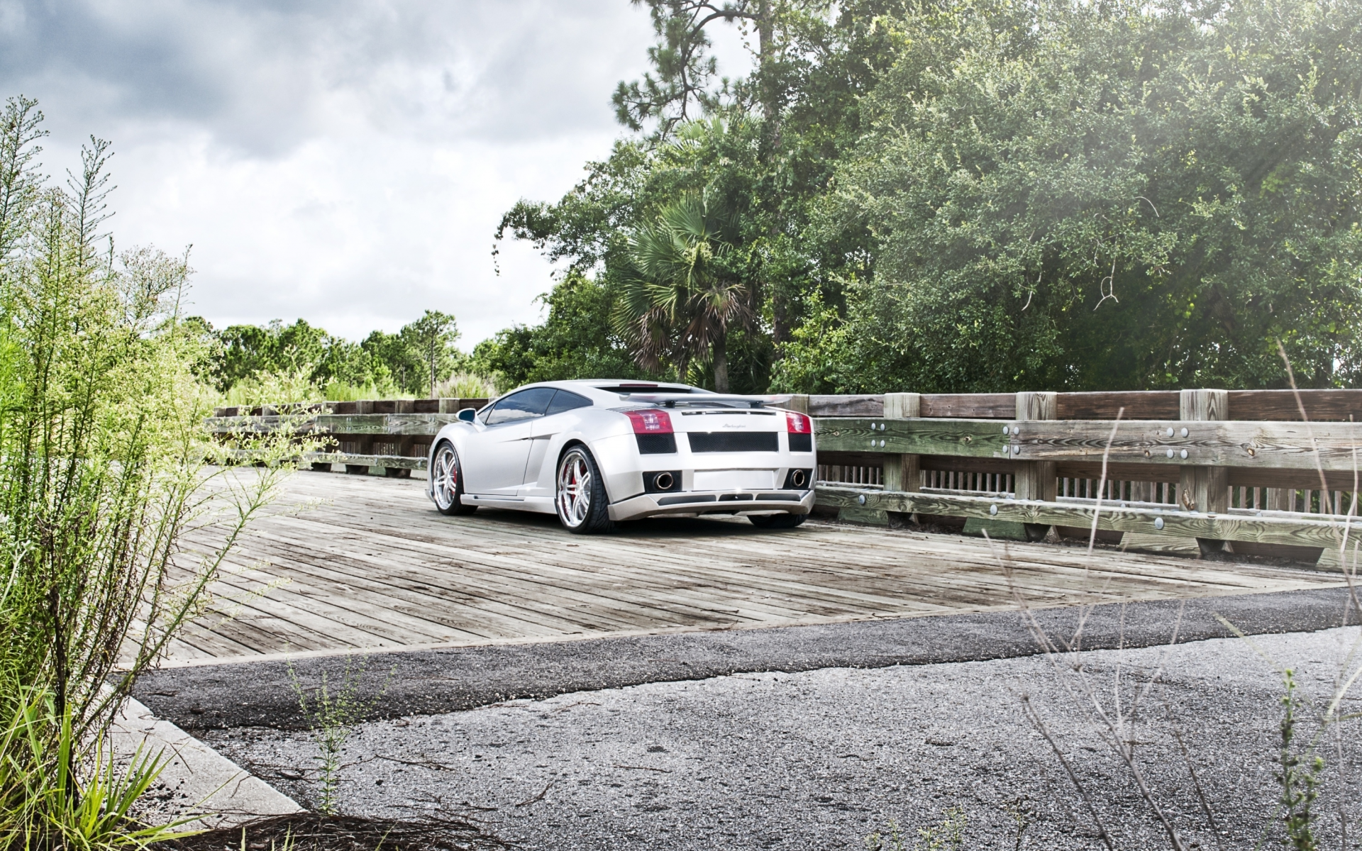 мост, тюнинг, небо, gallardo, галлардо, кусты, tuning, ламборгини, зелень, lamborghini, bridge, деревья, серебристый