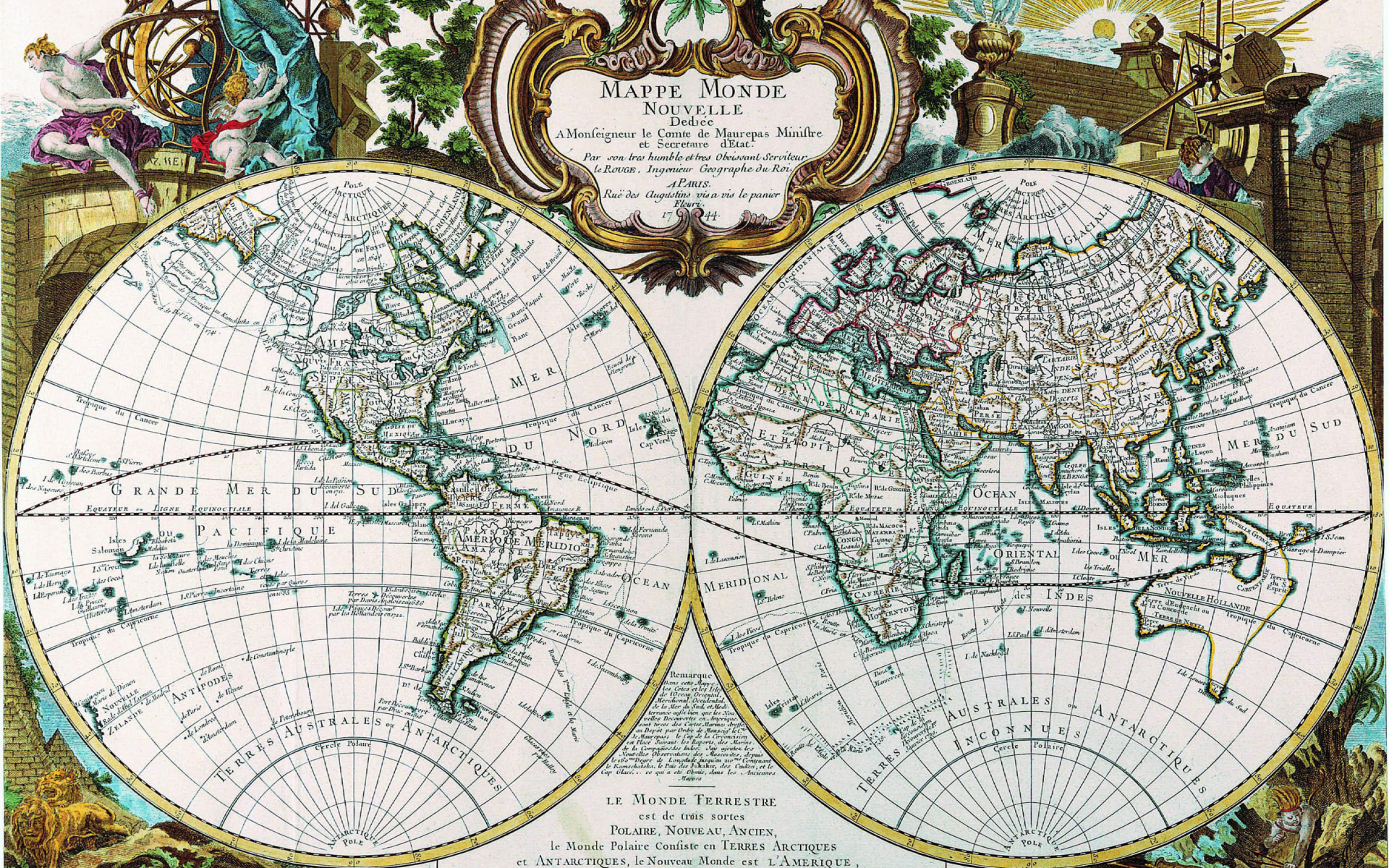карта, древность, mappe monde, полушария, 1744
