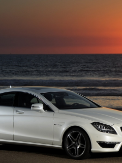 mercedes, море, cls 63 amg, белый, закат