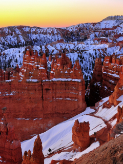 скалы, снег, bryce canyon, закат, utah, каньон