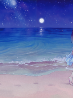 ночь, пляж, аниме, девушка, kazuharu kina, арт, платье, луна, море