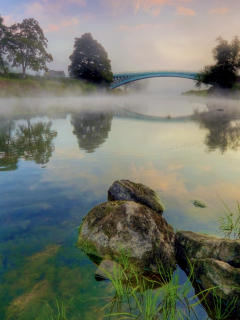 берега, природа, утро, река, камни, туман, мост