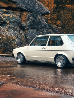 гора, ручей, volkswagen, сlassic, cars, дорога, auto, природа, осень, wallpapers auto, mk1, rabbit, vw, golf