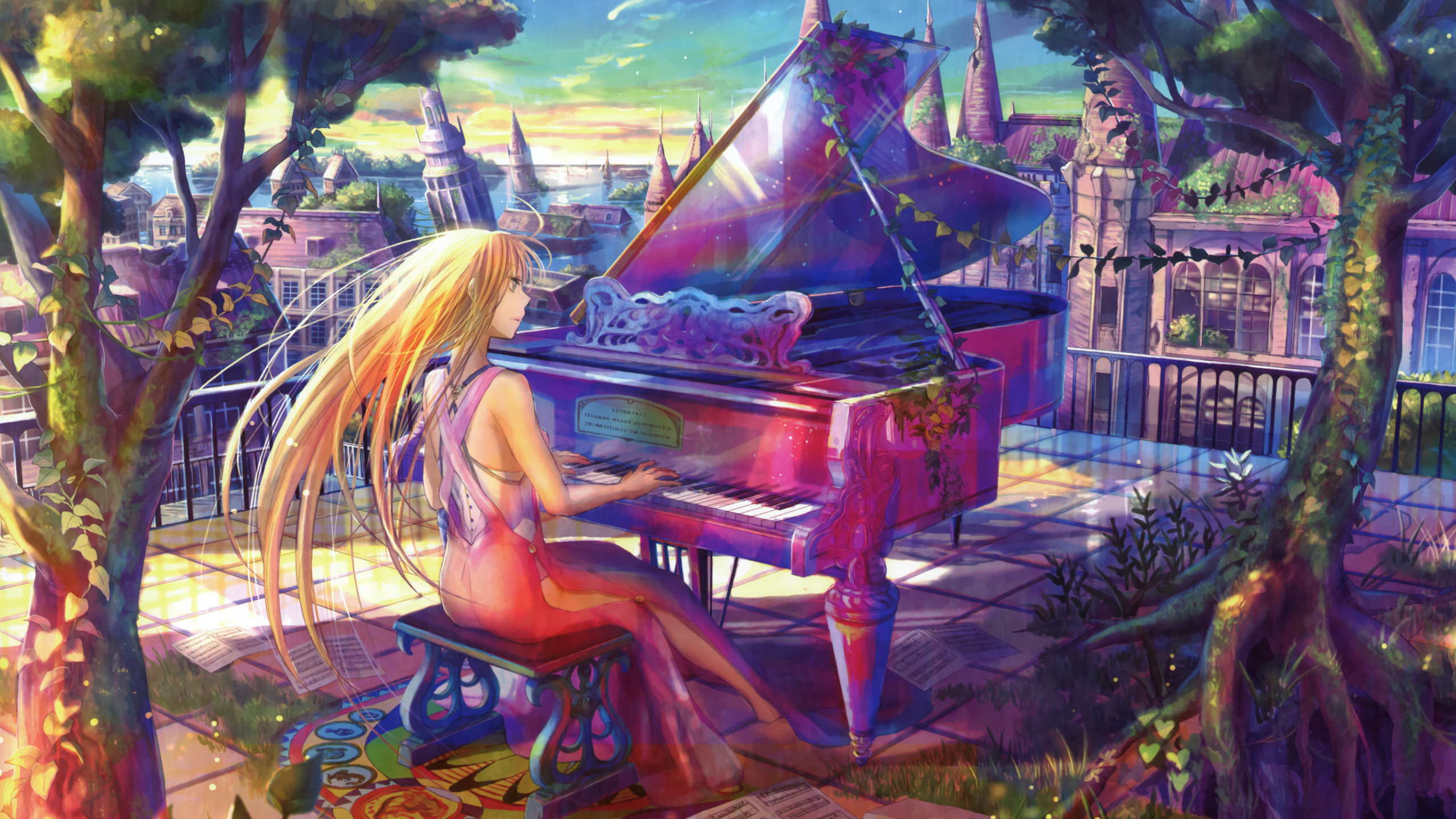 fuji choko, балкон, девушка, ноты, рояль, деревья, пианино, город