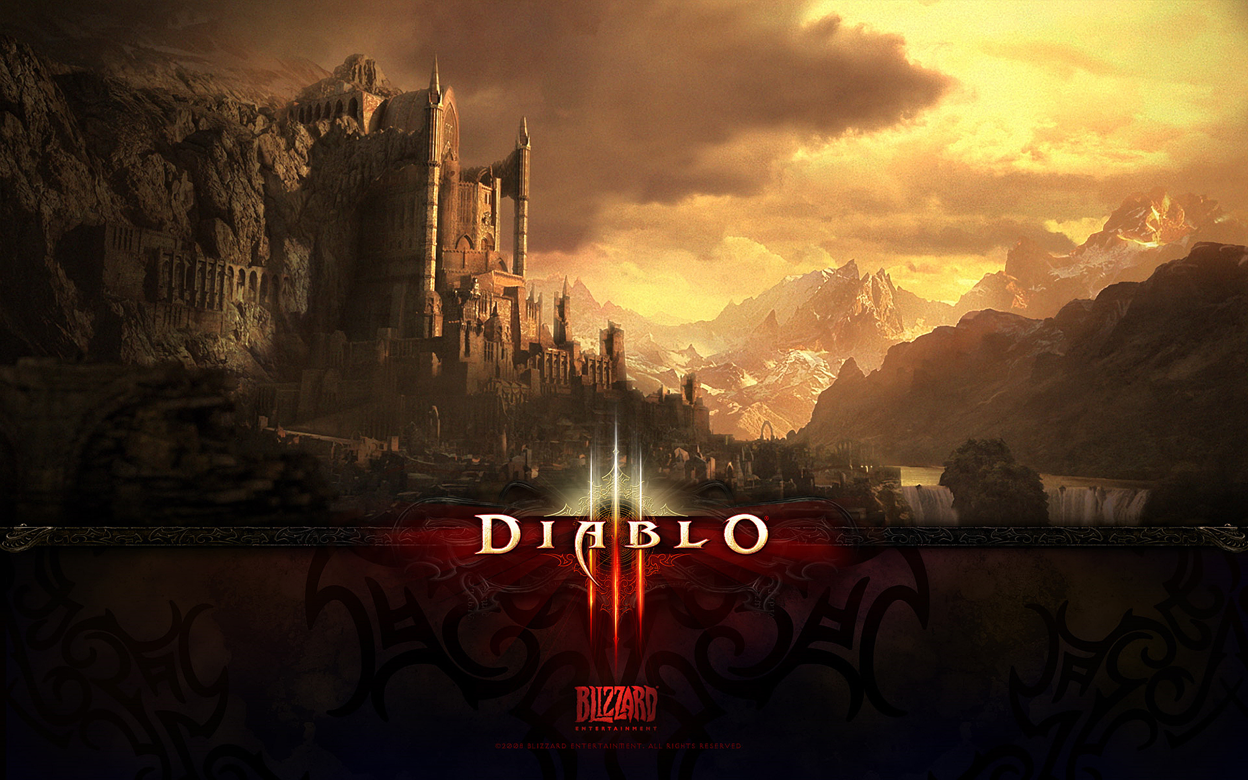 blizzard, скалы, diablo, 3, замок, небо