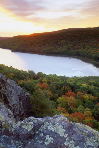 скала, камень, кустарники, горизонт, озеро, речка, lake, закат