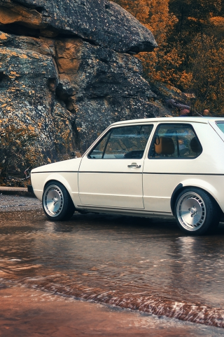 гора, ручей, volkswagen, сlassic, cars, дорога, auto, природа, осень, wallpapers auto, mk1, rabbit, vw, golf